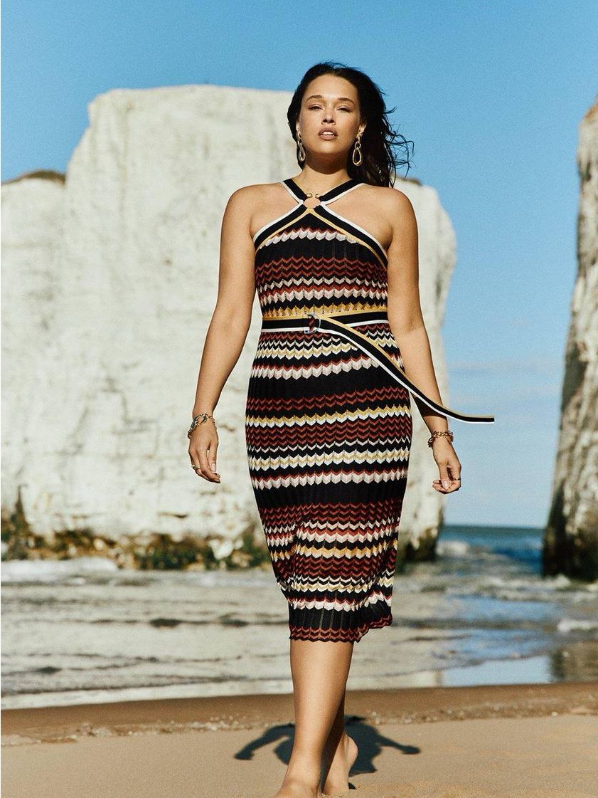 Karen Millen Sleeveless Chevron Midi Dress In Black, Burgundy And Cream